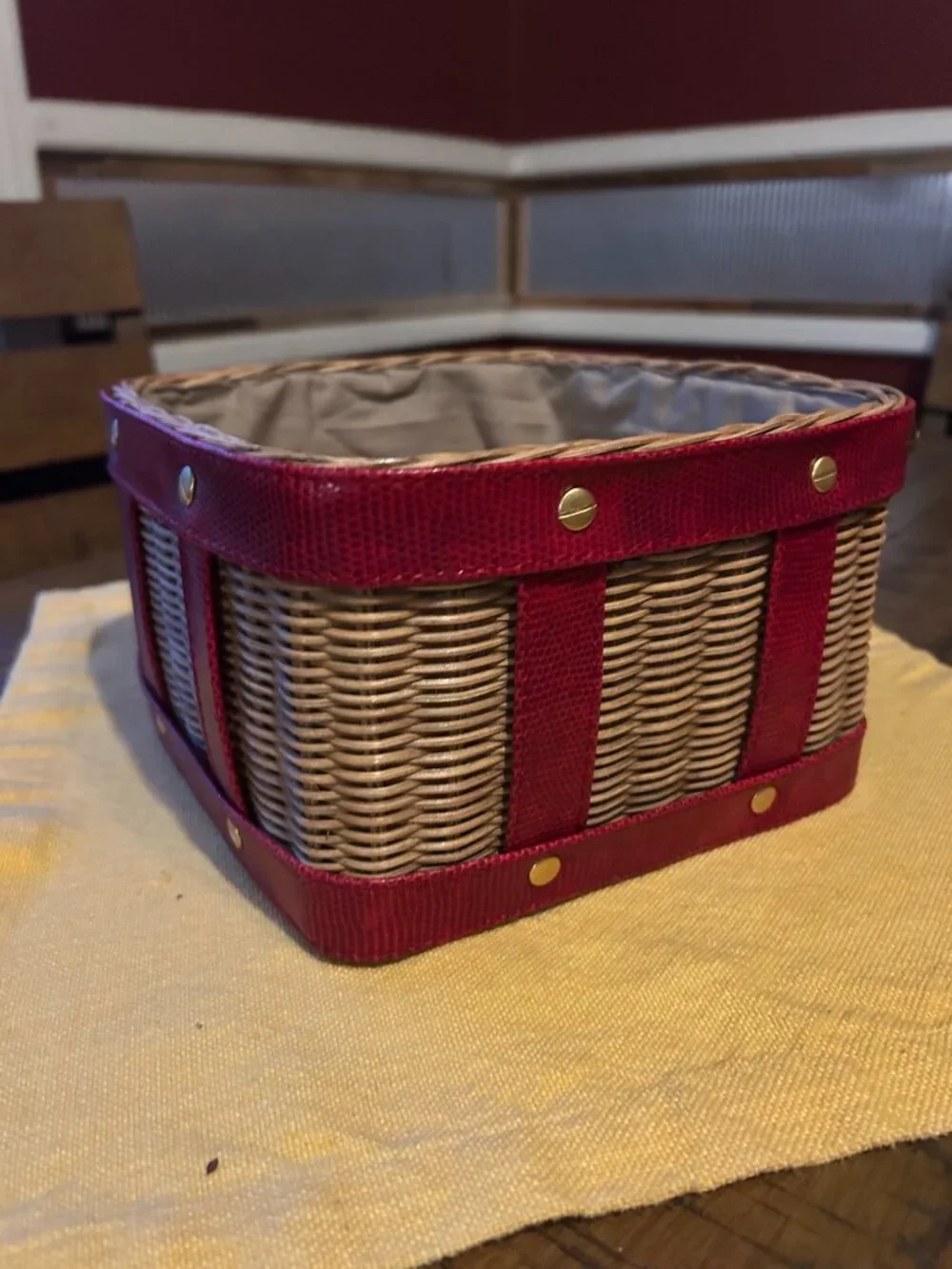 Wicker Basket  w burgundy leather straps   lined   9x9  5in  height